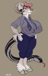  anthro big_breasts breasts chimera clothed clothing dbd eyewear female fur glasses hair horn huge_breasts hybrid necktie nipple_bulge reptile scalie snake snake_tail solo standing 