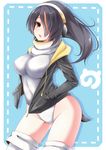  black_hair black_jacket brown_eyes emperor_penguin_(kemono_friends) hair_over_one_eye hands_in_pockets headphones highleg highleg_leotard highres hood hoodie jacket japari_symbol kemono_friends leotard long_hair looking_at_viewer multicolored_hair solo takatun223 thighhighs white_legwear white_leotard 