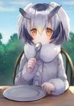  :/ bad_id bad_pixiv_id bangs black_hair blonde_hair blue_sky blush buttons chair clenched_hand cloud cloudy_sky coat day dish dot_nose expressionless eyebrows_visible_through_hair eyelashes fingernails fur_collar gradient_hair grey_hair hair_between_eyes hand_up head_wings holding holding_spoon kemono_friends light light_brown_eyes long_sleeves looking_at_viewer multicolored_hair northern_white-faced_owl_(kemono_friends) outdoors short_hair sitting sky solo spoon spoon_in_mouth suzumori_uina table tareme tree upper_body white_coat white_hair wings wooden_chair wooden_table 