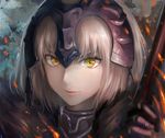  alle_gro blonde_hair commentary_request face fate/grand_order fate_(series) fire fur gloves headpiece holding jeanne_d'arc_(alter)_(fate) jeanne_d'arc_(fate)_(all) lips parted_lips portrait short_hair solo sparks yellow_eyes 