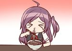  &gt;_&lt; :3 ahoge bowl chibi chopsticks closed_eyes commentary eating food hagikaze_(kantai_collection) kamelie kantai_collection long_hair neck_ribbon noodles one_side_up purple_hair red_ribbon ribbon school_uniform soba solo vest 