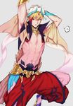  arabian_clothes arms_behind_head blonde_hair commentary_request cropped_vest fate/grand_order fate/stay_night fate_(series) gilgamesh gilgamesh_(caster)_(fate) harem_pants jewelry looking_at_viewer male_focus navel pants red_eyes shirtless simple_background solo toned toned_male 