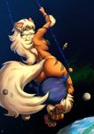  2017 absurd_res anthro anthrofied arcanine armpits big_butt blonde_hair blue_eyes breasts butt fangs female hair hi_res inner_ear_fluff long_hair macro nintendo notbad621 pawpads planet pok&eacute;mon pok&eacute;morph side_boob sitting solo space star video_games 