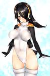  ass_visible_through_thighs black_hair black_jacket brown_eyes covered_navel cowboy_shot emperor_penguin_(kemono_friends) frofrofrost hair_over_one_eye headphones highleg highleg_leotard highres jacket kemono_friends leotard long_hair looking_at_viewer multicolored_hair open_clothes solo standing thigh_gap thighhighs white_legwear white_leotard 