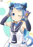  ;3 animal_ears armpit_peek arms_up bangs bare_shoulders bell bell_collar black_bow black_gloves black_neckwear blue_eyes blue_hair blush bow breasts cat_day cat_ears cat_tail collar dated elbow_gloves gloves hair_bow highres kantai_collection long_hair looking_at_viewer mae_(maesanpicture) neckerchief numbered paw_background samidare_(kantai_collection) school_uniform serafuku shirt skirt sleeveless sleeveless_shirt small_breasts solo swept_bangs tail twitter_username very_long_hair white_skirt 