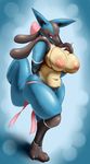  2017 anthro anthrofied areola armwear big_breasts black_fur blue_background blue_fur breasts canine clothing female fur hi_res huge_breasts hurikata legwear looking_at_viewer lucario mammal mostly_nude navel nintendo nipples open_mouth pink_nipples pok&eacute;mon pok&eacute;morph pussy raised_leg red_eyes ribbons simple_background smile solo spikes video_games voluptuous wide_hips yellow_fur 