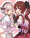  brown_hair copyright_name crossover gloves gothic_wa_mahou_otome interlocked_fingers long_hair mahou_shoujo_ikusei_keikaku multiple_girls one_eye_closed pink_eyes pink_hair ponytail ranun_(gothic_wa_mahou_otome) short_hair smile snow_white_(mahoiku) umesasami yellow_eyes 