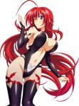  ahoge artist_request black_legwear black_leotard blue_eyes breasts bridal_gauntlets cleavage covered_nipples from_below high_school_dxd jewelry large_breasts leotard long_hair looking_at_viewer midriff navel one_eye_closed parted_lips red_hair rias_gremory ring sideboob solo thighhighs transparent_background very_long_hair 
