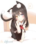  animal_ears ass bed black_hair blush cat_ears cat_tail english expressionless heterochromia highres looking_at_viewer non_(wednesday-classic) original paw_pose sleeveless spoken_paw tail thighhighs 