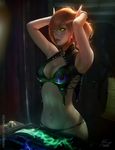  armor arms_up bikini_armor blood_elf blurry breasts brown_hair cleavage earrings elf fantasy highres jewelry medium_breasts navel pointy_ears raikoart reflection short_hair solo warcraft world_of_warcraft yellow_eyes 