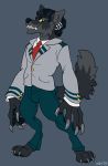  anthro big_hands canine clothed clothing dbd ear_piercing looking_at_viewer male mammal necktie piercing smile solo standing 