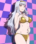  bangs bikini blunt_bangs breasts checkered checkered_background cowboy_shot drop_shadow hairband hand_on_own_stomach idolmaster idolmaster_(classic) large_breasts long_hair looking_at_viewer navel parted_lips puge red_eyes shijou_takane silver_hair smile solo standing swimsuit yellow_bikini 