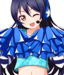  ;d blue_hair blush brown_eyes cheerleader detached_sleeves head_tilt headset long_hair looking_at_viewer love_live! love_live!_school_idol_project navel one_eye_closed open_mouth pom_poms simple_background sleeveless smile solo sonoda_umi star star_print stomach striped_sleeves upper_body wewe white_background 