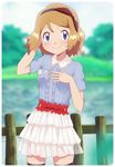  absurdres blue_eyes blush brown_hair casual center_frills collared_shirt cowboy_shot day fence gazing_eye hand_on_own_chest headband highres lake layered_skirt looking_at_viewer miniskirt outdoors pokemon pokemon_(anime) see-through_silhouette serena_(pokemon) shirt short_sleeves skirt smile solo white_skirt wooden_fence 