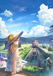  animal bicycle blonde_hair blue_sky building cat cloud day dress flower from_behind grass ground_vehicle hat long_hair looking_at_viewer original outdoors purple_eyes scenery shadow sitting sky sundress train white_dress wingheart 
