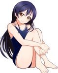  bare_legs bare_shoulders barefoot blue_hair blue_swimsuit blush brown_eyes closed_mouth collarbone competition_swimsuit crossed_ankles head_tilt leg_up long_hair looking_at_viewer love_live! love_live!_school_idol_project one-piece_swimsuit simple_background sitting smile solo sonoda_umi straight_hair swimsuit very_long_hair wewe white_background 