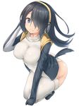  bangs black_hair blue_eyes breasts emperor_penguin_(kemono_friends) eyebrows_visible_through_hair from_above full_body gloves hair_over_one_eye headphones highres hood hood_down hooded_jacket impossible_clothes impossible_leotard jacket kemono_friends large_breasts leotard long_hair long_sleeves looking_at_viewer reinama shoes simple_background solo squatting tail thighhighs turtleneck white_background white_legwear white_leotard 