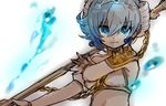  armor bikini_top blue_eyes blue_hair chain mahou_shoujo_ikusei_keikaku mahou_shoujo_ikusei_keikaku_jokers polearm princess_deluge short_hair shoulder_armor solo umesasami weapon 