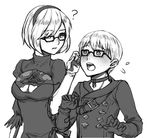  1girl ? aesice blush breasts buttons choker cleavage cleavage_cutout commentary_request dress feather-trimmed_sleeves glasses gloves juliet_sleeves long_sleeves medium_breasts mole mole_under_mouth nier_(series) nier_automata open_mouth puffy_sleeves short_hair sketch strap surprised white_hair yorha_no._2_type_b yorha_no._9_type_s 