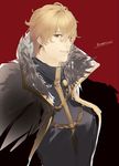  armor blonde_hair fate/extra fate/grand_order fate_(series) gawain_(fate/extra) gawain_(fate/grand_order) highres looking_at_viewer magenaiman3 male_focus red_background smile solo translation_request 