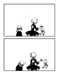  1girl 2koma black_border blindfold border comic dress gloves greyscale juliet_sleeves leaning_forward long_sleeves monochrome nier_(series) nier_automata nona_ennea petting pod_(nier_automata) puffy_sleeves robot short_hair silent_comic white_background yorha_no._2_type_b yorha_no._9_type_s 