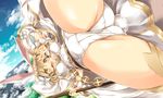  :d animal_ears ass_visible_through_thighs blonde_hair blush breasts bunny_ears bunny_tail cape cloud crotch crotch_seam day djeeta_(granblue_fantasy) flower granblue_fantasy hair_flower hair_ornament highres kamiya_tomoe large_breasts leotard looking_at_viewer open_mouth sage_(granblue_fantasy) short_hair sky smile solo staff tail thighhighs thighs v wrist_cuffs 