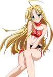  ahoge asia_argento between_legs blonde_hair blush bra breasts character_name choker cleavage collarbone floating_hair green_eyes hand_between_legs head_tilt high_school_dxd highres long_hair looking_at_viewer midriff miniskirt navel red_bra red_skirt shiny shiny_skin skirt small_breasts solo stomach transparent_background underwear very_long_hair 