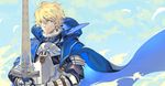 armor arthur_pendragon_(fate) blonde_hair cape excalibur_(fate/prototype) fate/prototype fate_(series) gauntlets green_eyes male_focus saberiii smile solo sword weapon 