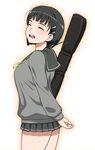  :d bangs black_hair blunt_bangs blush bob_cut closed_eyes hair_ornament hairclip kirigaya_suguha open_mouth puge school_uniform short_hair smile solo sword_art_online weapon_bag 