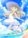  :d akata_itsuki alolan_form alolan_vulpix bangs beach blonde_hair blue_footwear blue_ribbon blunt_bangs blurry braid collared_dress day depth_of_field dress full_body green_eyes hand_on_headwear hat hat_ribbon highres jumping kneehighs light_particles lillie_(pokemon) long_hair looking_at_viewer ocean open_mouth outdoors palm_tree pokemon pokemon_(creature) pokemon_(game) pokemon_sm ribbon shoes sleeveless sleeveless_dress smile splashing sun_hat sundress tree twin_braids vulpix water white_dress white_hat white_legwear 