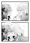  2girls blush commentary feeding greyscale hair_behind_ear highres izumi_shiho kiss long_hair long_sleeves lwmina70119 medium_hair mizuguchi_aki mole mole_under_eye monochrome multiple_girls one_side_up open_mouth sasayaku_you_ni_koi_wo_utau sidelocks surprise_kiss surprised sweater yuri 
