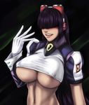  areola_slip areolae blush breasts covered_nipples crop_top detached_sleeves gloves grin hair_over_eyes headgear huge_breasts layer lips lipstick long_hair makeup navel nose okai purple_hair robot_ears rockman rockman_x smile solo underboob white_gloves 