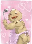  ass back blue_eyes blush border commentary_request goron heart holding ladle looking_at_viewer naked_apron nintendo no_humans pink_background simple_background smile tattoo the_legend_of_zelda the_legend_of_zelda:_ocarina_of_time wasabi_(legemd) white_border 