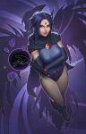  1girl cloak colored_skin dalejomej dc_comics elbow_gloves fingerless_gloves forehead_jewel full_body gloves grey_skin highres hood hooded_cloak leotard multiversus purple_eyes purple_hair purple_leotard raven_(dc) short_hair solo teen_titans umbrakinesis 
