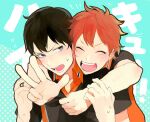  2boys arms_around_neck arms_up black_hair blue_eyes blush closed_eyes collared_shirt commentary_request haikyuu!! hair_between_eyes hinata_shouyou kageyama_tobio karasuno_volleyball_uniform looking_at_another male_focus mousariababa multicolored_clothes multicolored_shirt multiple_boys open_mouth orange_hair shirt short_hair short_sleeves sportswear sweat sweatdrop teeth tongue v volleyball_uniform wing_collar 