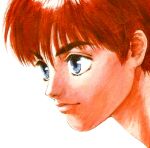  1990s_(style) 1girl animage blue_eyes english_commentary highres izumi_noa kidou_keisatsu_patlabor magazine_scan portrait poster_(medium) red_hair retro_artstyle scan serious short_hair solo takada_akemi traditional_media upper_body white_background 