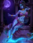  1girl anklet armlet aurelia_irithyll_(real_diviner) barefoot black_hair blue_eyes blue_skin bra bracelet breasts colored_skin earrings elena_new_art full_moon genie gold_anklet gold_armlet gold_bracelet gold_earrings high_ponytail highres hoop_earrings jewelry large_breasts loincloth long_hair looking_at_viewer magic moon navel night oil_lamp original pointy_ears purple_bra purple_lips purple_loincloth silo solo underwear very_long_hair 