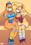 absurd_res anthro bdsm bethany_(jamoart) big_breasts bondage bound breasts capybara caviid cleavage clothed clothing collar duo ear_piercing ear_ring female footwear gag head_scarf heart_symbol hi_res jamoart katie_shrine lagomorph leg_warmers legwear leotard leporid looking_at_another looking_at_viewer mammal otn_gag piercing rabbit restraints ring_piercing rodent rope rope_bondage shoes sitting sneakers thick_thighs workout_clothing