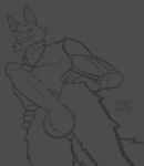 anthro balls big_penis genitals gravvure hands_on_hips hi_res looking_at_viewer looking_down looking_down_at_viewer male mammal penis presenting presenting_penis procyonid prosthetic prosthetic_limb raccoon shifty_(vfray_) smile smiling_at_viewer solo