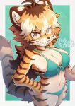 2024 absurd_res acky05 anthro big_breasts bikini breasts brown_body brown_fur cleavage clenched_teeth clothed clothing digital_media_(artwork) felid female female_anthro fur hair hand_on_hip hi_res high-angle_view kemono looking_at_viewer mammal multicolored_body multicolored_fur multicolored_hair navel orange_body orange_eyes orange_fur orange_hair pantherine sharp_teeth solo swimwear teeth tiger two-piece_swimsuit white_body white_fur white_hair