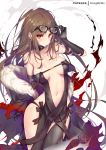  1girl adjusting_eyewear arm_behind_back bangs bare_shoulders black-framed_eyewear black_dress blush breasts brown_hair center_opening choker collarbone commentary_request consort_yu_(fate) dress earrings eyebrows_visible_through_hair fate/grand_order fate_(series) fur-trimmed_jacket fur_collar fur_trim glasses gold hong_(white_spider) jacket jewelry long_hair looking_at_viewer medium_breasts multiple_earrings navel patreon_username red_eyes revealing_clothes sidelocks signature skindentation solo stomach strapless strapless_dress thighs very_long_hair 