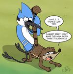  all_fours anti_dev avian bird blue_body brown_fur fur gay grass male mammal mordecai raccoon regular_show rigby tail_grab 