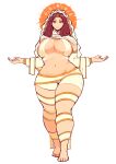  1girl absurdres breasts brown_hair cdlum cleavage commentary curvy dark_souls_(series) english_commentary half-closed_eyes highres huge_breasts long_hair looking_at_viewer midriff navel queen_of_sunlight_gwynevere simple_background solo thick_thighs thighs tiara veil walking white_background wide_hips 