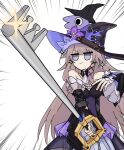  1girl absurdres bare_shoulders black_dress black_hat brown_hair detached_sleeves dress flower glep_(smiling_friends) hat hat_flower herta_(honkai:_star_rail) highres holding holding_weapon honkai:_star_rail honkai_(series) keyblade kingdom_hearts long_hair pianobat purple_eyes purple_flower simple_background smiling_friends the_herta_(honkai:_star_rail) weapon witch_hat 