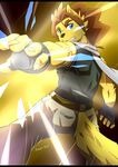 2017 5_fingers anthro armpits blue_eyes brown_hair clothed clothing fighting_pose fully_clothed gradient_background hair male mammal signature silvertain simple_background solo video_games yellow_theme 