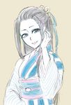  black_hair blue_eyes breasts brown_background hair_ornament hayakawa-dono japanese_clothes kimono lips long_hair open_mouth sengoku_musou 