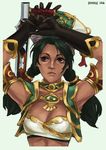  absurdres armlet arms_up black_gloves braid breasts brooch brown_eyes cleavage commentary completion_time dark_skin eyebrows gloves gorget green_hair hat highres jewelry lips low_twintails midriff monori_rogue small_breasts solo soulcalibur strapless talim tonfa tubetop twin_braids twintails vest weapon 