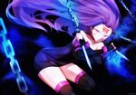  artist_name black_dress black_footwear black_gloves black_legwear boots chain collar dress dyolf elbow_gloves facial_mark fate/stay_night fate_(series) fingerless_gloves forehead_mark gloves holding holding_weapon long_hair looking_at_viewer motion_lines nameless_dagger no_blindfold purple_eyes purple_hair rider short_dress sleeveless solo thigh_boots thighhighs thighs very_long_hair weapon 