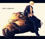  bad_id bad_pixiv_id blonde_hair character_name closed_mouth fate/stay_night fate_(series) full_body gilgamesh ground_vehicle hands_in_pockets letterboxed looking_down male_focus motor_vehicle motorcycle red_eyes solo sparkle yuririensu 