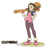  breasts brown_hair capcom crotch_plate earrings gloves green_eyes hair_slicked_back hairband jewelry lowres mtmy pantyhose pink_hairband rockman rockman_dash short_hair tron_bonne 